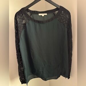 LOFT Black and Dark Green Lace Sleeve Blouse